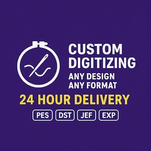 Pode incluir: Um fundo roxo com texto branco que diz "CUSTOM DIGITIZING, ANY DESIGN, ANY FORMAT". Um círculo branco com uma agulha e linha está no canto superior esquerdo. O texto "24 HOUR DELIVERY" é amarelo, com abreviações de tipo de arquivo abaixo.