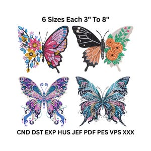 Butterfly Embroidery Design Bundle - 4 Floral & Whimsical Files - 6 Sizes - Digital Download