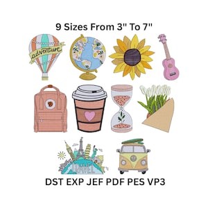Travel Embroidery Designs Bundle - Adventure Van, Globe, Backpack - 9 Sizes 3-7 inch Digital Download