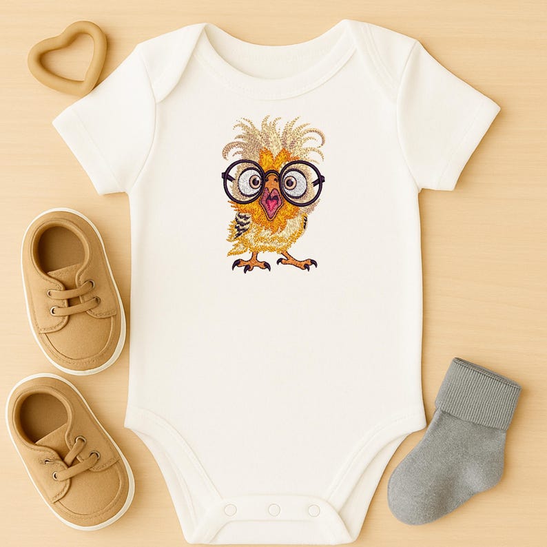 Flat lay of cream baby onesie with cute owl embroidery featuring glasses, surrounded by tan baby shoes, heart-shaped teether, and gray sock – ideal for newborn gifts or nursery decor in USA and Europe.