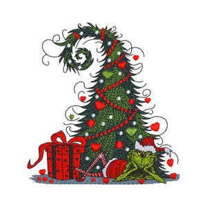 May include: An embroidered Christmas design featuring a green Christmas tree with red heart ornaments, a red gift box, and a green character wearing a Santa hat. The tree is decorated with red garland and white lights. Red hearts are scattered around the design.