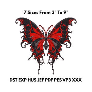 May include: An embroidered butterfly design with black and red wings, and the text "7 Sizes From 3" To 9"" above it. The design is available in multiple file formats, including DST, EXP, HUS, JEF, PDF, PES, VP3, and XXX.