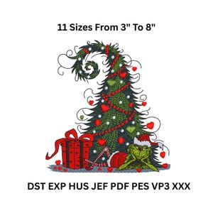 May include: An embroidered Christmas design featuring a green Christmas tree decorated with red hearts and ornaments. A red gift box with a bow and a Grinch character in a Santa hat are also included. The design is available in 11 sizes, from 3 to 8 inches.