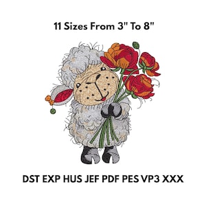 以下が含まれることがあります： 赤いとオレンジ色の花束を持った羊の刺繍デザイン。羊は茶色の顔と灰色のウールを持っています。上部のテキストは「11サイズ、7.6cmから20.3cm」と書かれており、下部にはファイル形式の略語が記載されています。