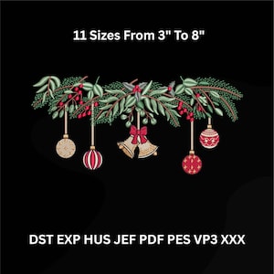 May include: An embroidered Christmas design on a black background. The design features a garland of green leaves, red berries, and hanging ornaments. The text reads "11 Sizes From 3" To 8"".