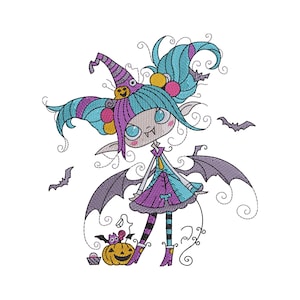 May include: An embroidery design featuring a cartoon character with teal and purple hair, wearing a pointed hat and a dress, with bat wings, standing next to a jack-o'-lantern and a small cupcake, surrounded by two flying bats and swirls.