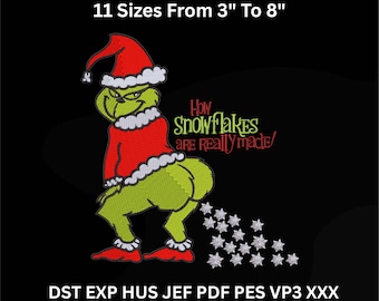 Christmas Embroidery Design — Cheeky Green Grouch, Snowflakes, 11 Sizes, DST PES JEF