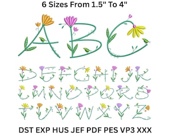 Floral Alphabet Embroidery Font – A to Z Letters – 6 Sizes – Machine File Download