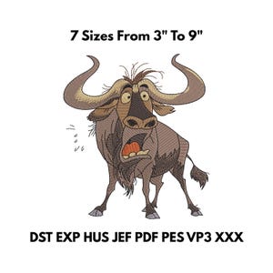 Può includere: Design ricamato di uno gnu dei cartoni animati con un'espressione sorpresa. L'immagine include il testo "7 Misure Da 7,6 cm A 22,9 cm" e le abbreviazioni dei tipi di file. Lo gnu è principalmente marrone e beige, con grandi corna ricurve.