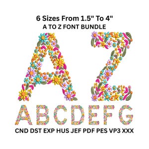 Pacote de fontes florais de A a Z, designs de bordado, designs de alfabeto, designs de fontes para bordado à máquina, letras florais maiúsculas, 6 tamanhos