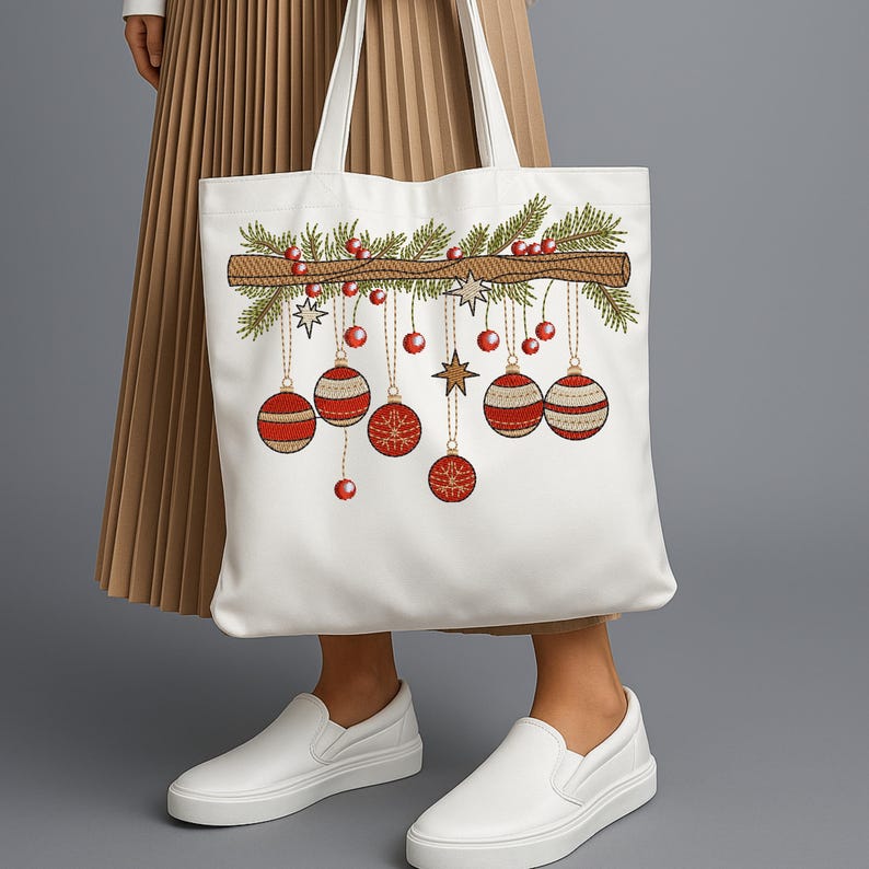 Christmas ornament embroidery design on white tote bag being carried – festive red baubles and pine branch stitched holiday file