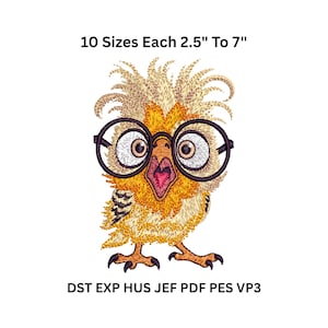 Puede incluir: Diseño bordado de un búho de dibujos animados con gafas redondas. El búho es amarillo, naranja y marrón claro con un pico rosa en forma de corazón. El texto en la parte superior dice "10 tamaños de 6,35 cm a 17,78 cm", y el texto en la parte inferior dice "DST EXP HUS JEF PDF PES VP3".