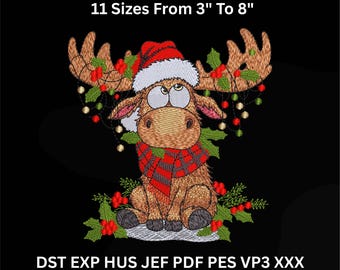 Christmas Moose Embroidery Design – 11 Sizes – PES DST JEF VP3 Instant Digital Files