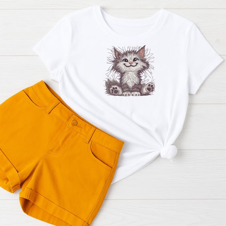 Flat lay of white t-shirt with cute cat embroidery design and mustard yellow shorts, perfect for baby gifts, kids fashion, and embroidery lovers.