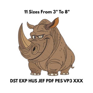 May include: A cartoon-style rhino embroidery design in shades of brown, tan, and orange. The rhino has a smiling expression and is facing forward. Text above reads "11 Sizes From 3" To 8"", and below are file format abbreviations.