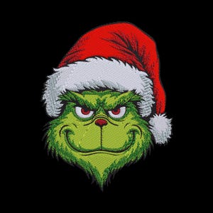 May include: An embroidered patch featuring a green, furry character with a mischievous expression, narrow red eyes, and a wide, thin-lipped smile. The character wears a bright red Santa hat with a thick, textured white trim and a white pom-pom.