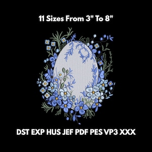 Könnte beinhalten: Ein Stickdesign mit einer hellgrauen ovalen Form, umgeben von blauen Blumen und grünen Blättern, auf schwarzem Hintergrund. Der Text oben lautet "11 Größen Von 7.6 cm Bis 20.3 cm", und unten sind Dateiformate aufgeführt.