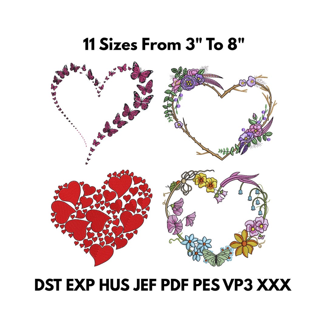 Floral Heart Embroidery Designs Bundle, Butterfly Valentine Machine ...