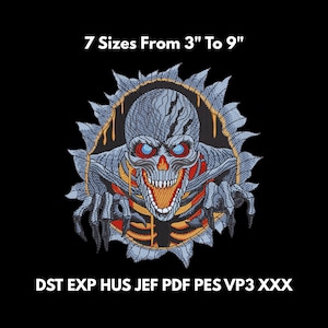 May include: Embroidered design of a skeletal figure with blue eyes and an open mouth, emerging from a torn background. The design is in shades of gray, orange, and red. Text above reads "7 Sizes From 3" To 9"", and below, "DST EXP HUS JEF PDF PES VP3 XXX".