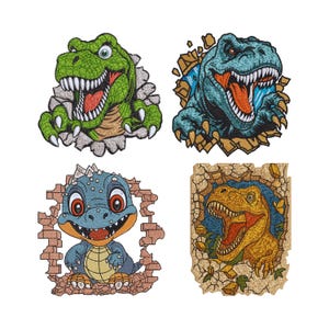 Può includere: Quattro disegni di dinosauri colorati. Un dinosauro verde sfonda un muro, un dinosauro blu con la bocca aperta, un dinosauro blu e arancione e un dinosauro giallo e blu. Ogni disegno è circondato da un muro di mattoni.