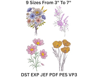 May include: Four floral embroidery designs in various colors, including pink, purple, and gold, with stems and leaves. The designs range in size from 3 to 7 inches. The image also includes the text "9 Sizes From 3" To 7"" and file type abbreviations.