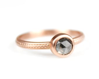 Rose Cut Gray Diamond Engagement Ring in Rose Gold Bezel Setting, Size 6.25 or Resize Smaller