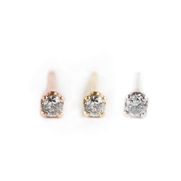 Salt and Pepper Diamond Stud Earrings in Solid 14K Gold Prong Setting, 1.7mm Gray Diamonds, Tiny Second Hole Earrings