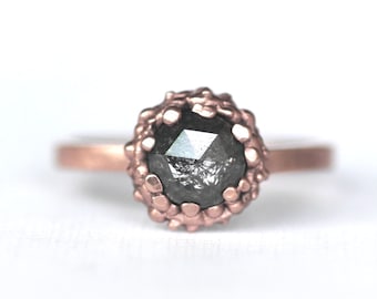 7mm Diamond Engagement Ring in 14K Rose Gold, Rose-Cut Grey Salt and Pepper Diamond, Organic Halo Ring, 1 Carat Diamond Ring