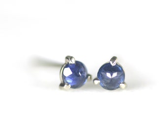 3mm Blue Sapphire Stud Earrings in 14K Solid White Gold Setting, Conflict-Free Rose-Cut Gemstone Claw Prong Earrings