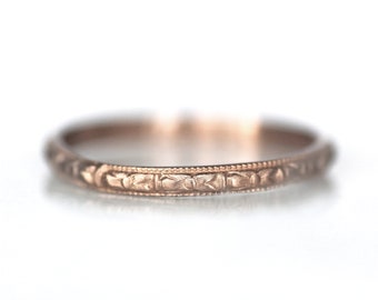 Solid ROSE Gold Thin Flower Pattern Ring, 14K / 10K Gold Wedding Band, Victorian Vintage Style, Stacking Ring, Spacer Ring, VIOLET