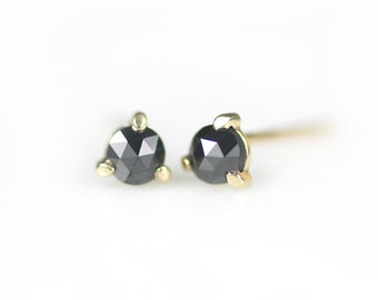 3mm Black Diamond Stud Earrings in 14K Solid Yellow Gold Setting, Conflict-Free Rose-Cut Diamonds Claw Prong Earrings