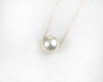 White Cultured Freshwater Pearl on Solid 14K Gold Chain - 16 Inch 14K gold Chain - READY To SHIP - Free US Shipping