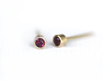 2mm Ruby Earrings, 14K Gold Bezel Earrings, Dainty Stud Earrings, Second Hole Earrings, Simple Gemstone Earrings