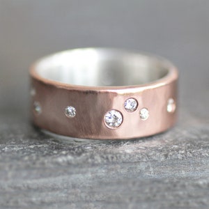 14k Rose Gold Wide Diamond Ring, 6mm Organic Hammered Ring, Scattered ...