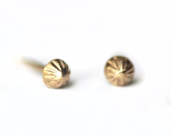 14K Gold Tiny 3mm Textured Stud Earrings, Solid Gold Dainty Sun Earrings, Second Hole Earrings