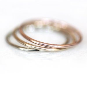 Solid Gold Set of Skinny Stack Rings, 1mm Thread Band Tricolor Gold ...