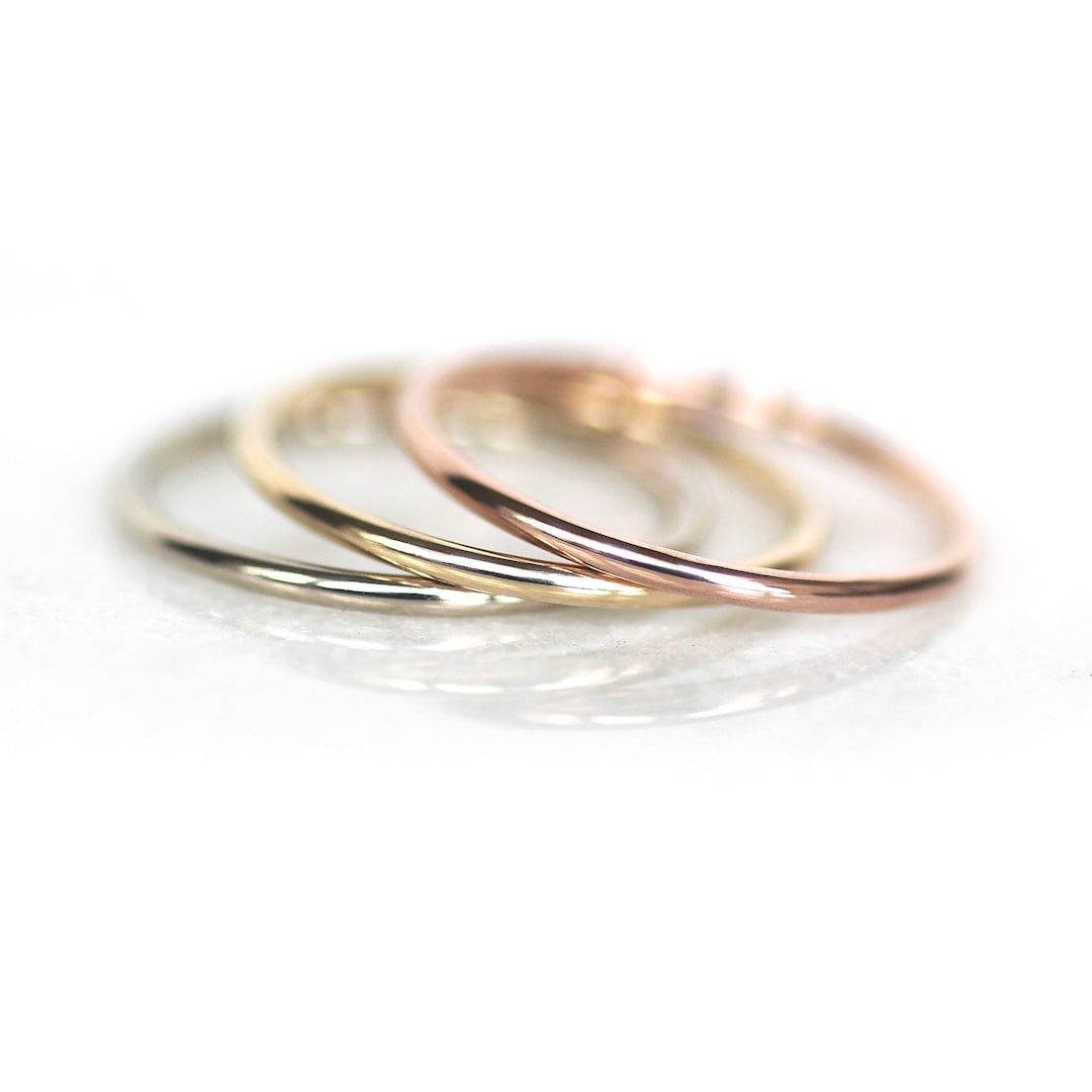 Solid Gold Set of Thin Stack Rings, 1.3mm Tricolor Gold Rings, Mixed ...