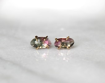 Watermelon Tourmaline Gemstone Earrings in 10K Solid Gold Prong Setting, Bi Color Pink and Blue Tourmaline, Stud / Post Earrings