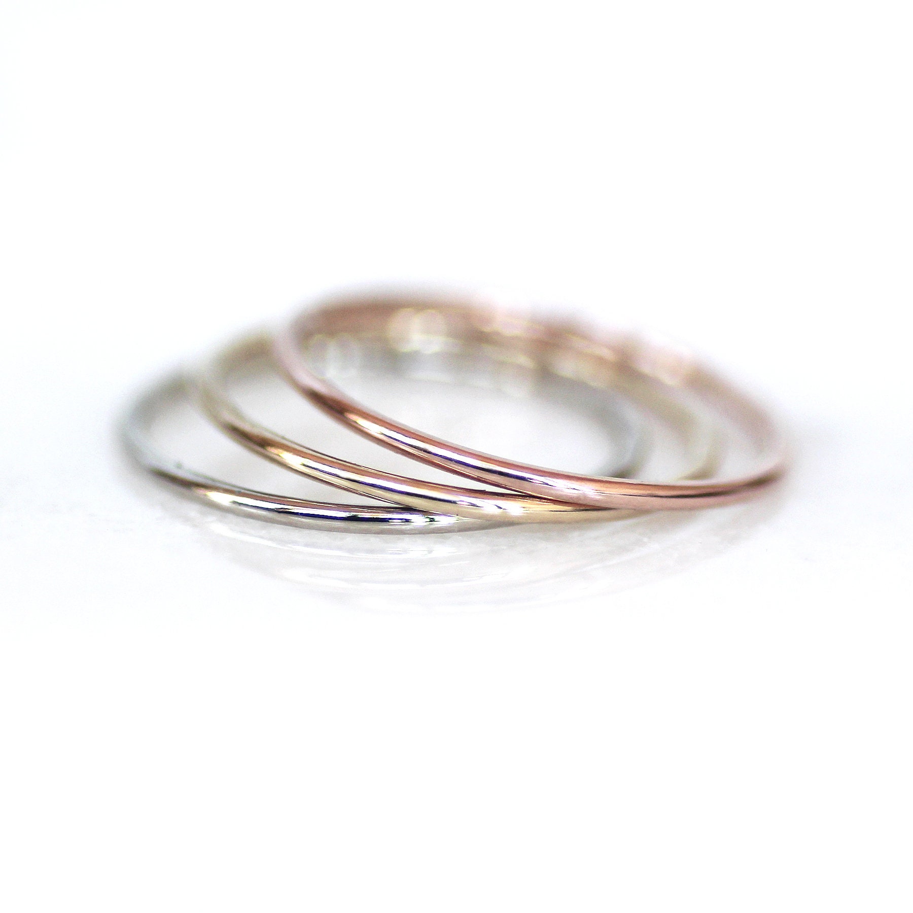 Solid Gold Set of Skinny Stack Rings, 1mm Thread Band Tricolor Gold ...