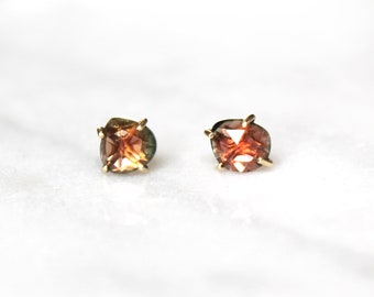 Watermelon Tourmaline Slice Earrings in 10K Solid Gold Prong Setting, Bi Color Peach and Green Tourmaline, Stud / Post Earrings