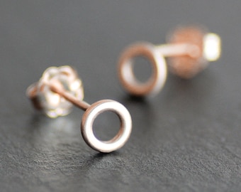 14K Solid ROSE Gold 5mm Open Circle Earrings, Dainty Post / Stud Earrings, Second Hole, Minimalist Earrings