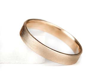 14K Solid Rose Gold Wedding Ring, 4mm Rectangle Cigar Band, Simple UNISEX Flat Edge Ring, Polished, Matte or Hammered, Modern Wedding Band