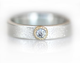 Wide Silver Ring with Galaxy Diamond, 4mm Satin Band, Salt and Pepper Diamond in Organic 14K Gold Setting, Unisex Mixed Metal Wedding Ring