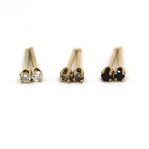 Diamond Stud Earrings in 14K Gold Prong Setting, 1.7mm Conflict-Free Diamonds, Tiny Second Hole Earrings, Black Diamond, Champagne Diamond