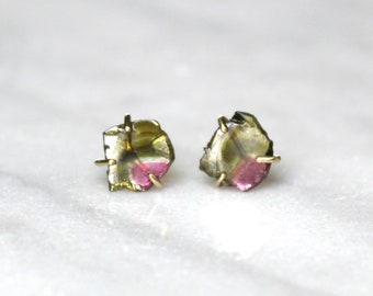 Watermelon Tourmaline Slice Earrings in 10K Solid Gold Prong Setting, Bi Color Pink and Green Tourmaline, Stud / Post Earrings
