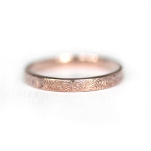 Solid ROSE Gold Thin Feather Pattern Ring, 14K / 10K Gold Vintage Style Wedding Band, Scroll Engraved, Art Deco, Art Nouveau, Recycled Gold