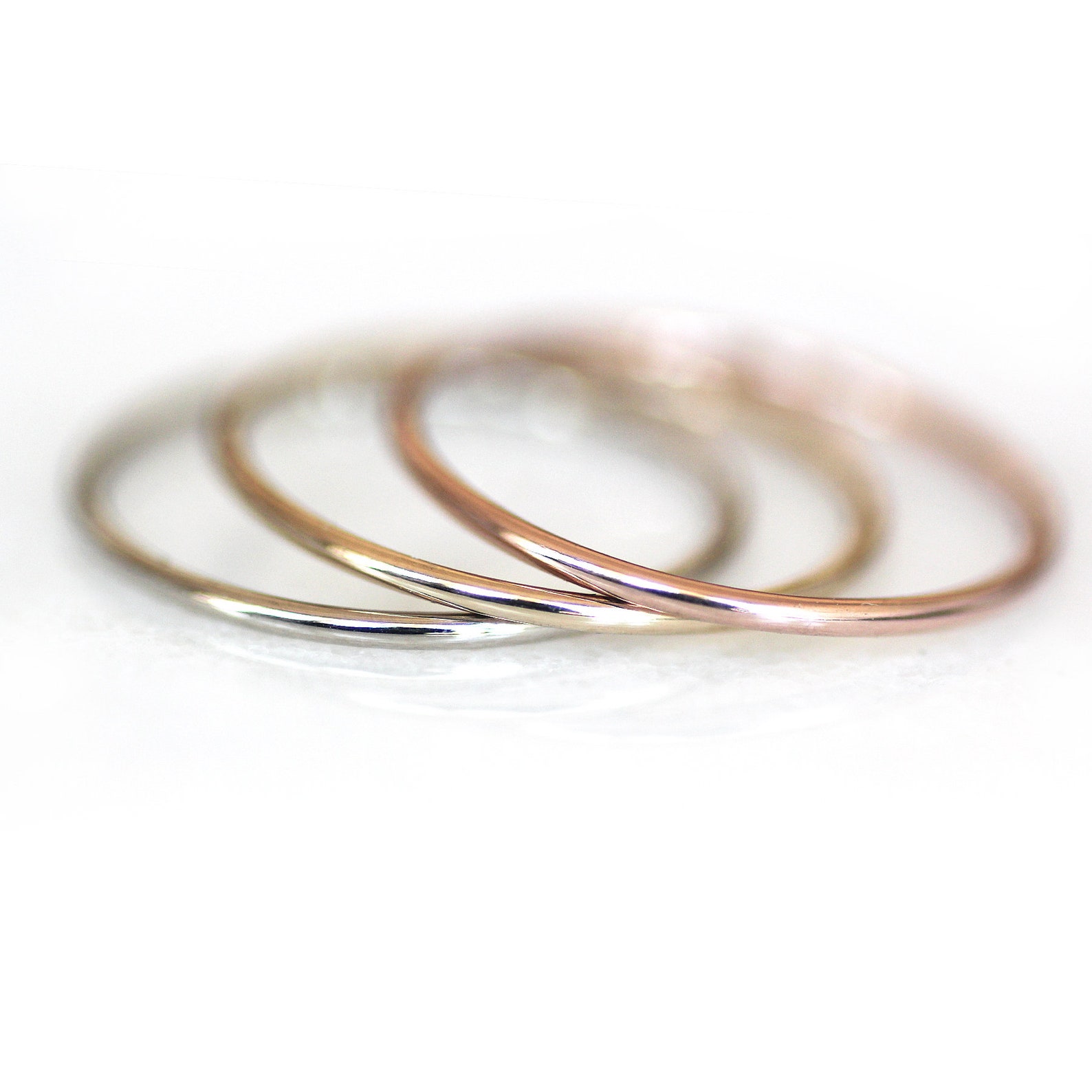Solid Gold Set of Skinny Stack Rings, 1mm Thread Band Tricolor Gold ...