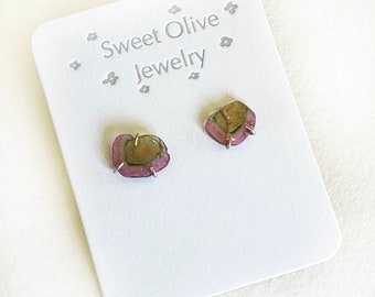 Watermelon Tourmaline Slice Earrings in 10K Solid Gold Prong Setting, Bi Color Pink and Green Tourmaline, Stud / Post Earrings