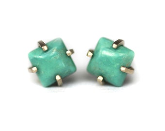 Blue Green Turquoise Earrings in 14K Solid Gold, 6mm Square Cabochons, Natural Kingman Turquoise from Arizona, American Southwest