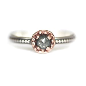 Salt and Pepper Diamond Ring, 10K Gold / Sterling Silver, 4mm Rose-Cut Diamond in Organic Setting, Stacking Ring